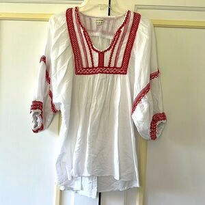 Max Studio White and Red Embellished 3/4 Sleeve Blouse